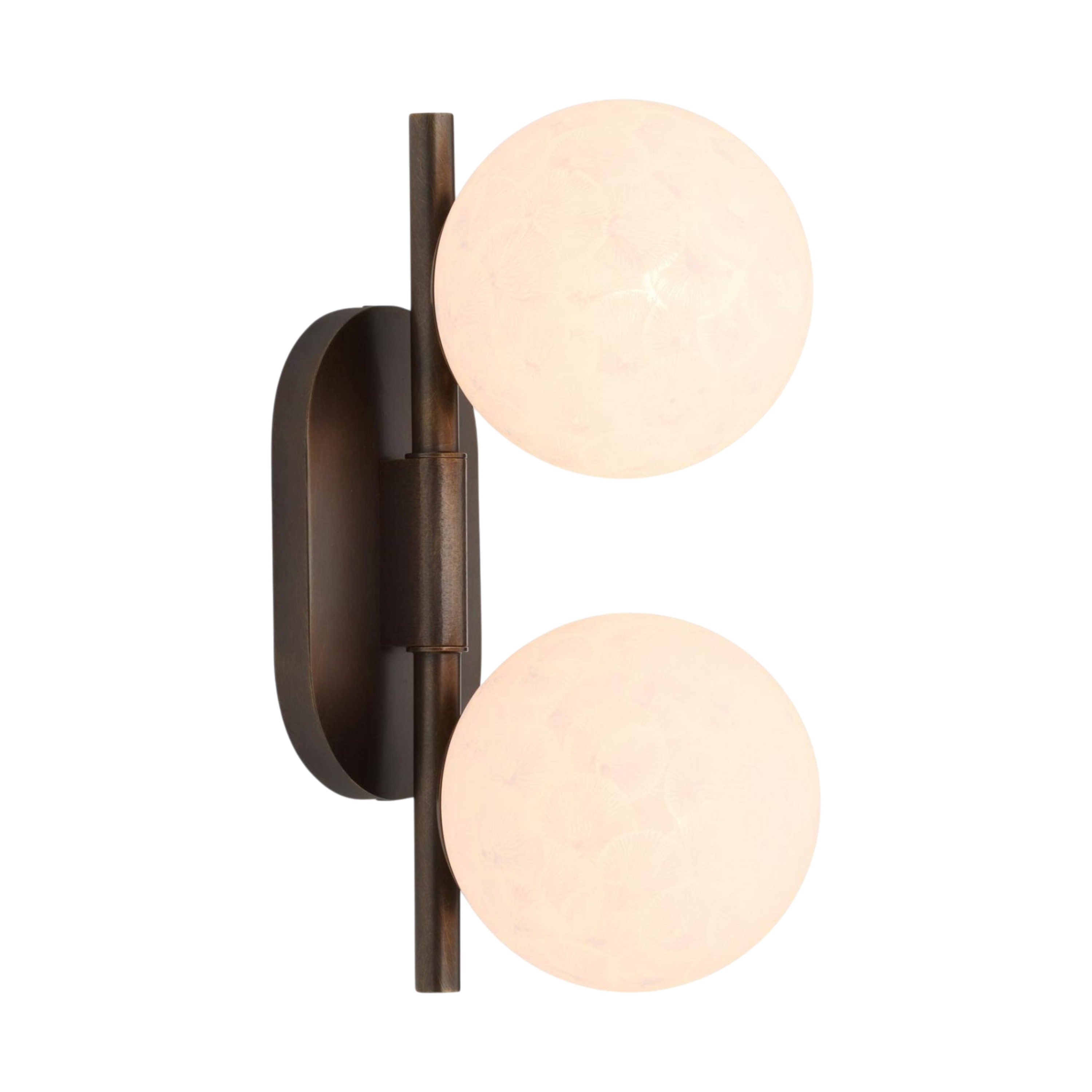 Julie Wall Sconce illuminated, showing two glowing spherical glass shades mounted along a slim bronze-finished stem with a rounded rectangular backplate.