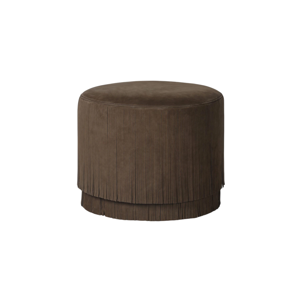 Bauer Ottoman with a dark brown suede-like finish and vertical fringe trim around the sides and base, shown on a plain white background.