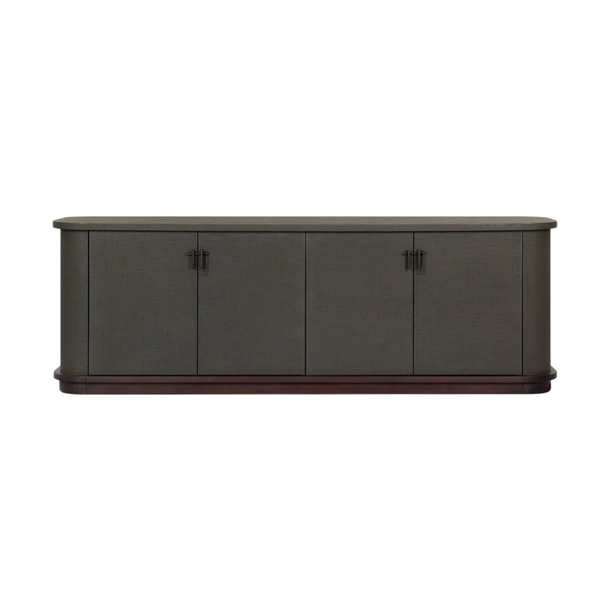 Fletcher Sideboard in moss green lacquered linen with four doors, rounded corners, bronze T-bar latches and a dark wood plinth base.