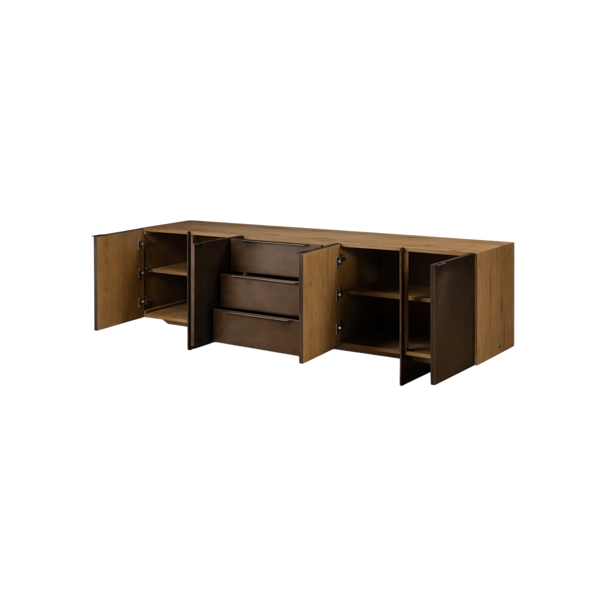 Sonoma Sideboard shown open with four cabinet doors, three center drawers and adjustable wood shelving for interior storage.