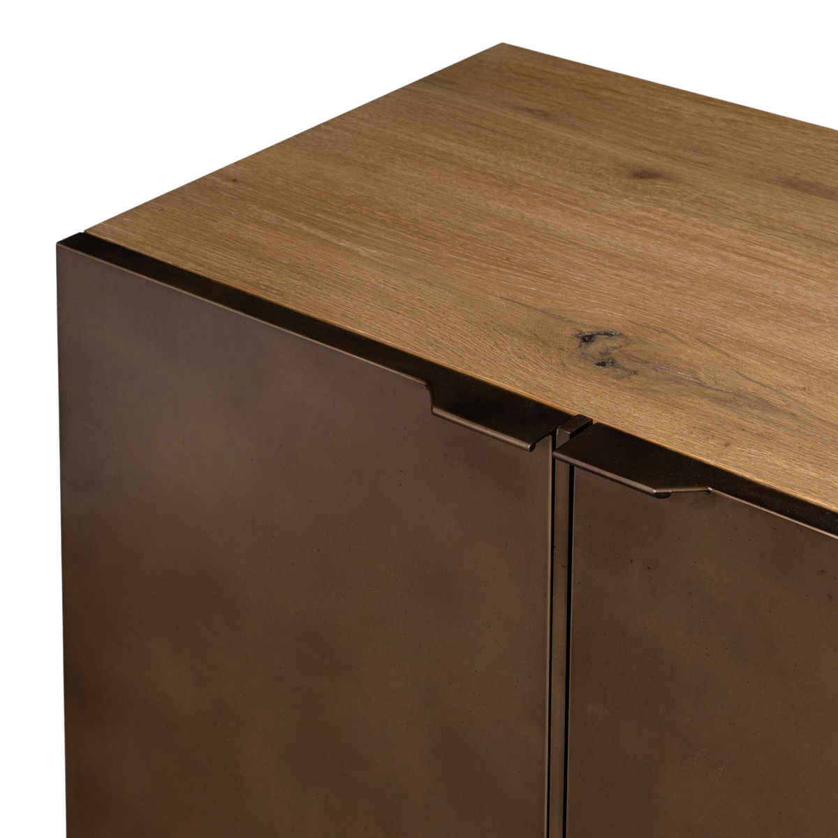 Close-up of the Sonoma Sideboard showing the smoked oak top, dark textured iron door fronts and slim integrated bronze pulls.