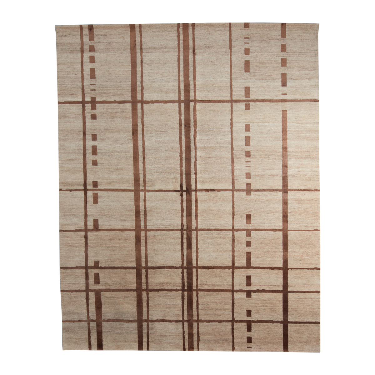 A rectangular area rug with a beige and brown plaid pattern, shown flat against a solid white background.
