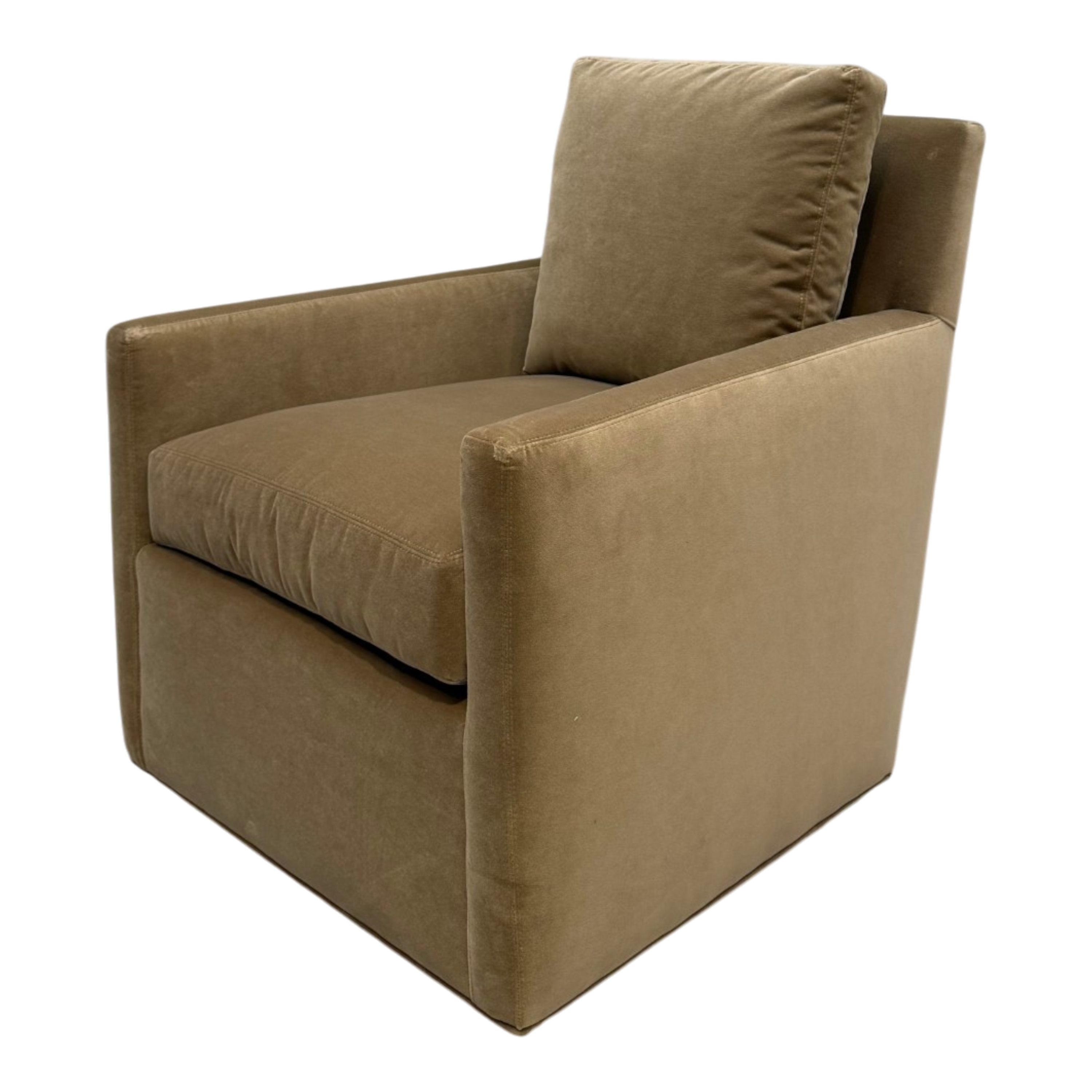 Angled front view of the Weston Swivel Chair with a deep seat cushion, plush back pillow and warm Winthrop Caramel upholstery.