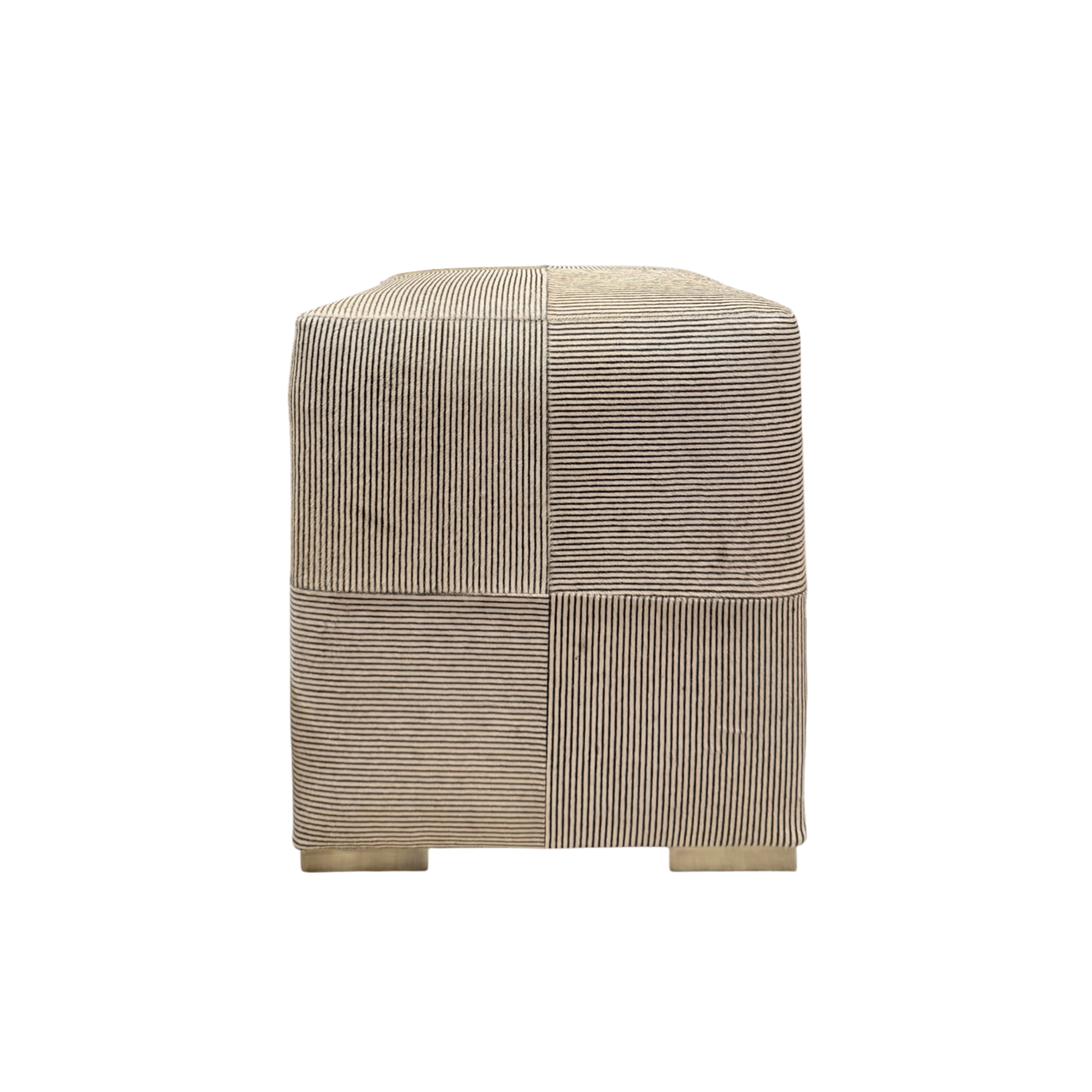 Viktor Stool with cream and charcoal pinstriped hair-on-hide checkerboard upholstery and burnished brass block feet.