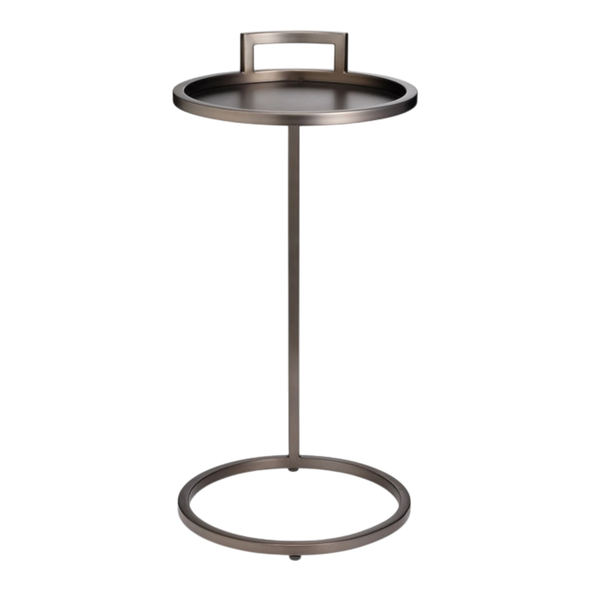 Front view of the Taryn Side Table showing the round tray top, integrated handle, minimal metal support and open ring base.