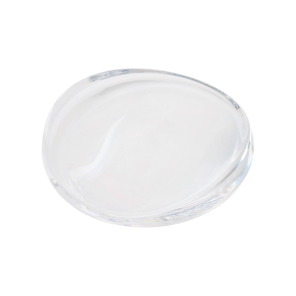 Dune Bowl Small Clear glass decorative bowl, side view showing its low profile, gently sloping shape and fluid raised edge.