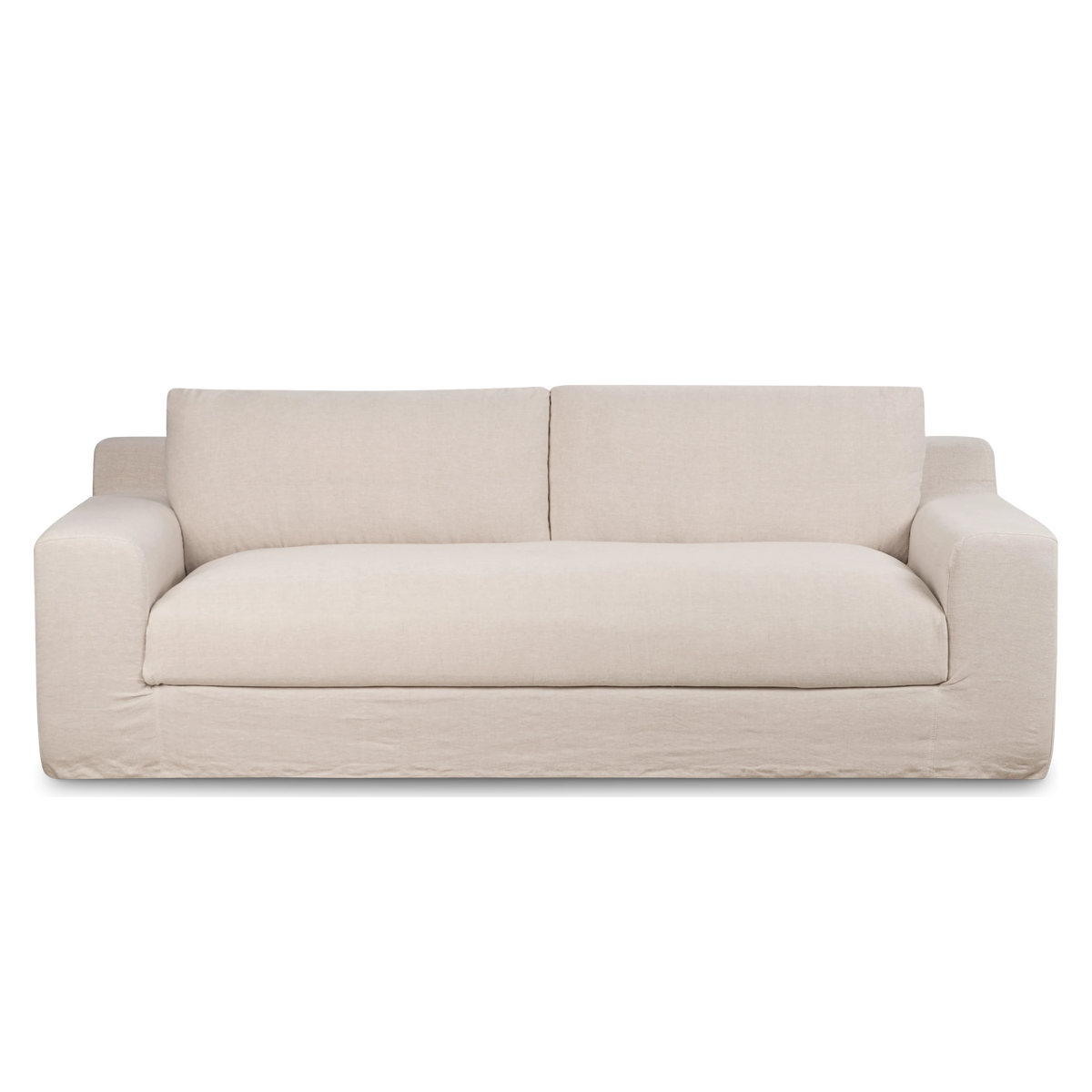 Babylon Sofa from the front in natural linen, with a single wide seat cushion, two back cushions and square track arms.