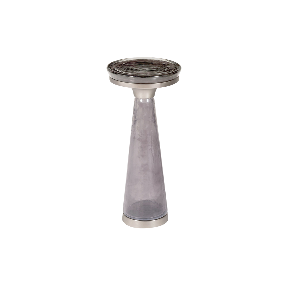 Caden Pull Up Table with a slender slightly tapered pedestal in tinted translucent glass and circular top.