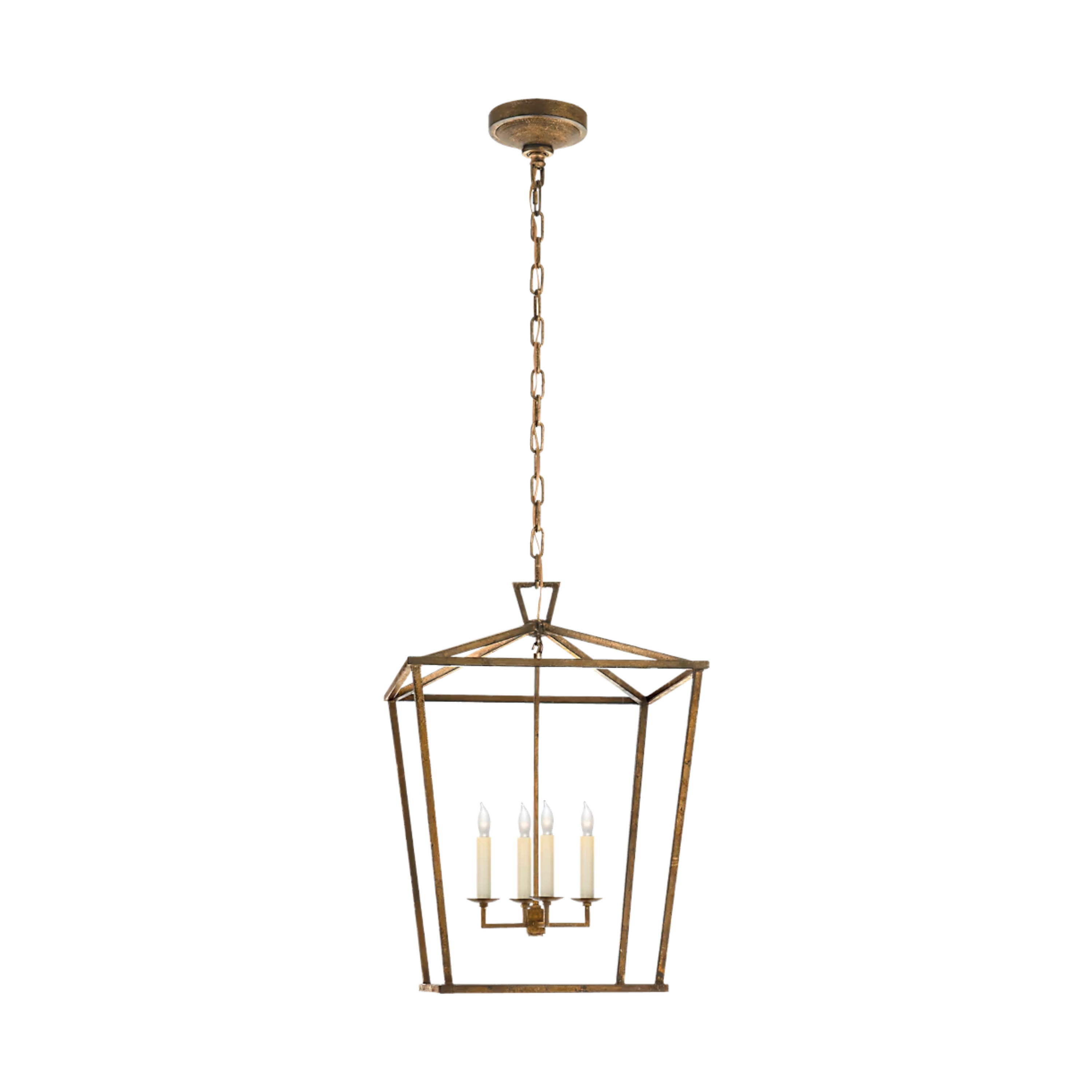 Darlana Medium ceiling light with open iron lantern frame, chain suspension and four candle-style lights.