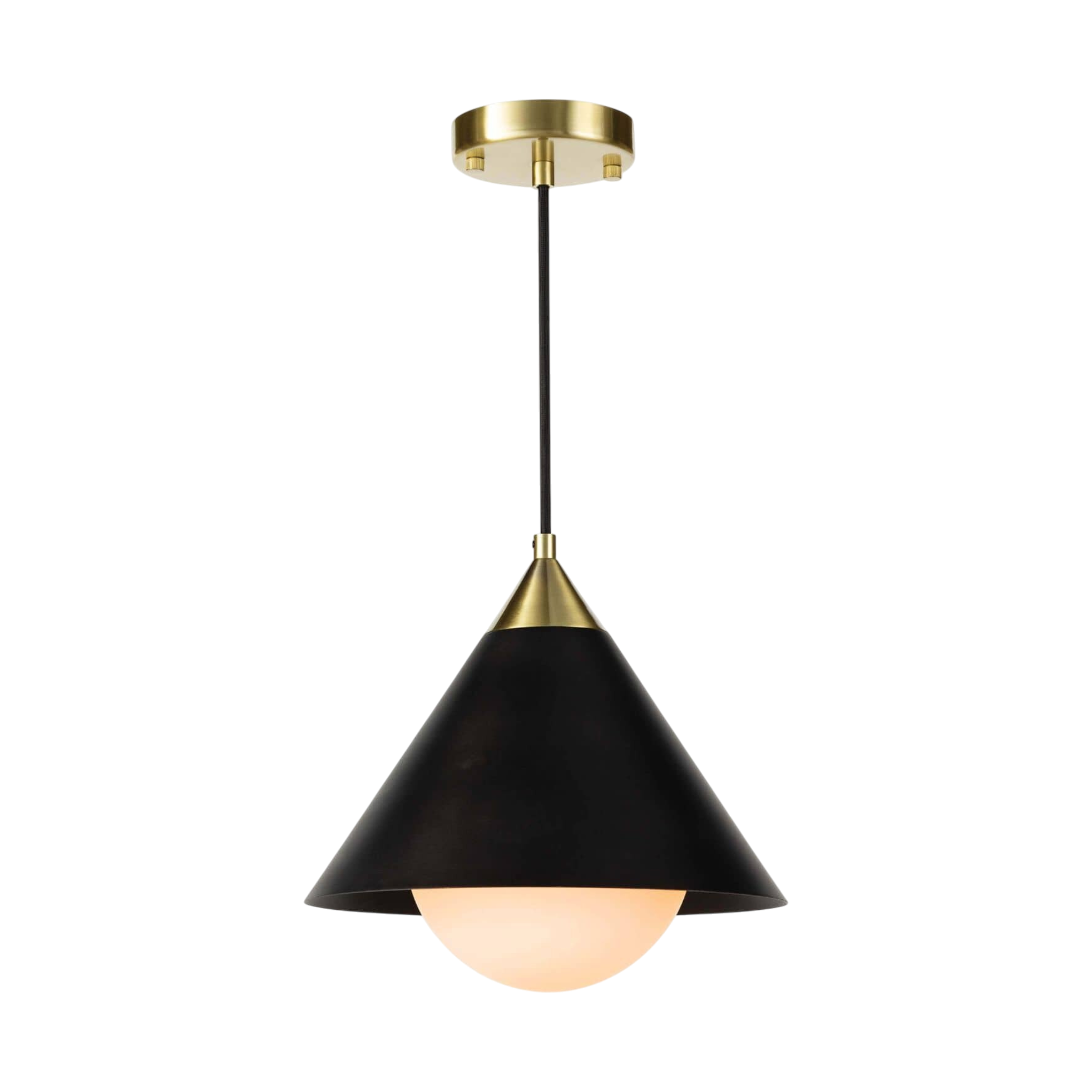 Hilton Pendant Black with conical black shade, natural brass accents and glowing milk glass globe.