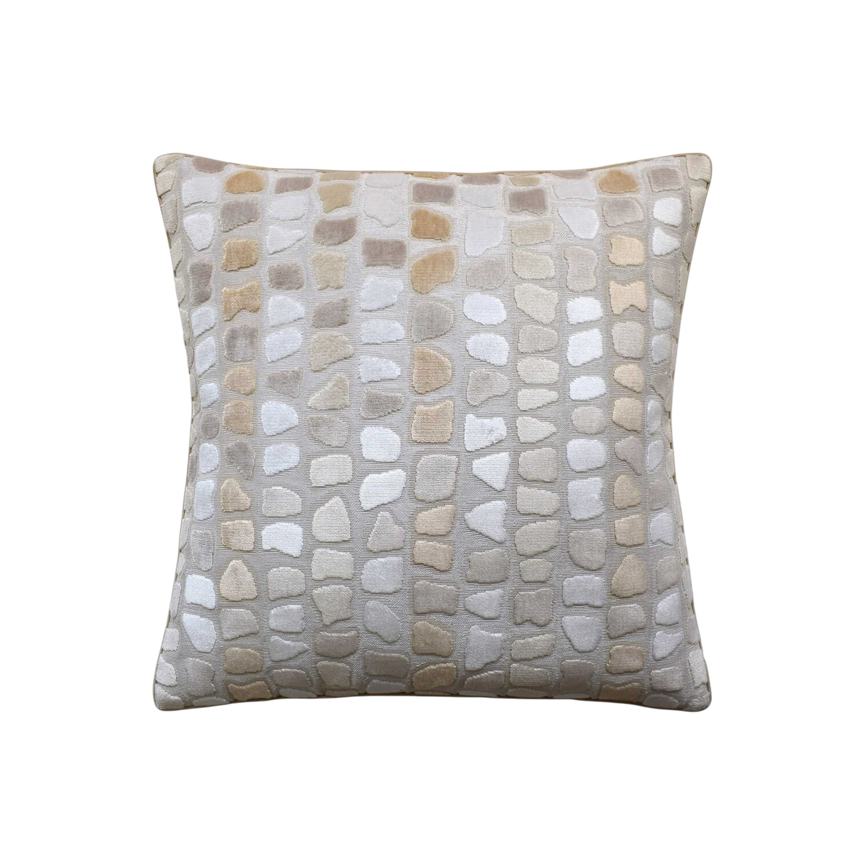 Riverstone Pillow 22X22 Opal with an irregular stone-inspired pattern in soft ivory, beige, taupe and light grey tones.