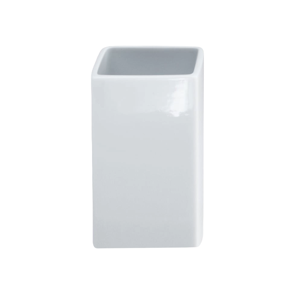 Porcelain Tumbler shown from the front in white glossy porcelain, featuring a squared silhouette, open top, and weighted base.