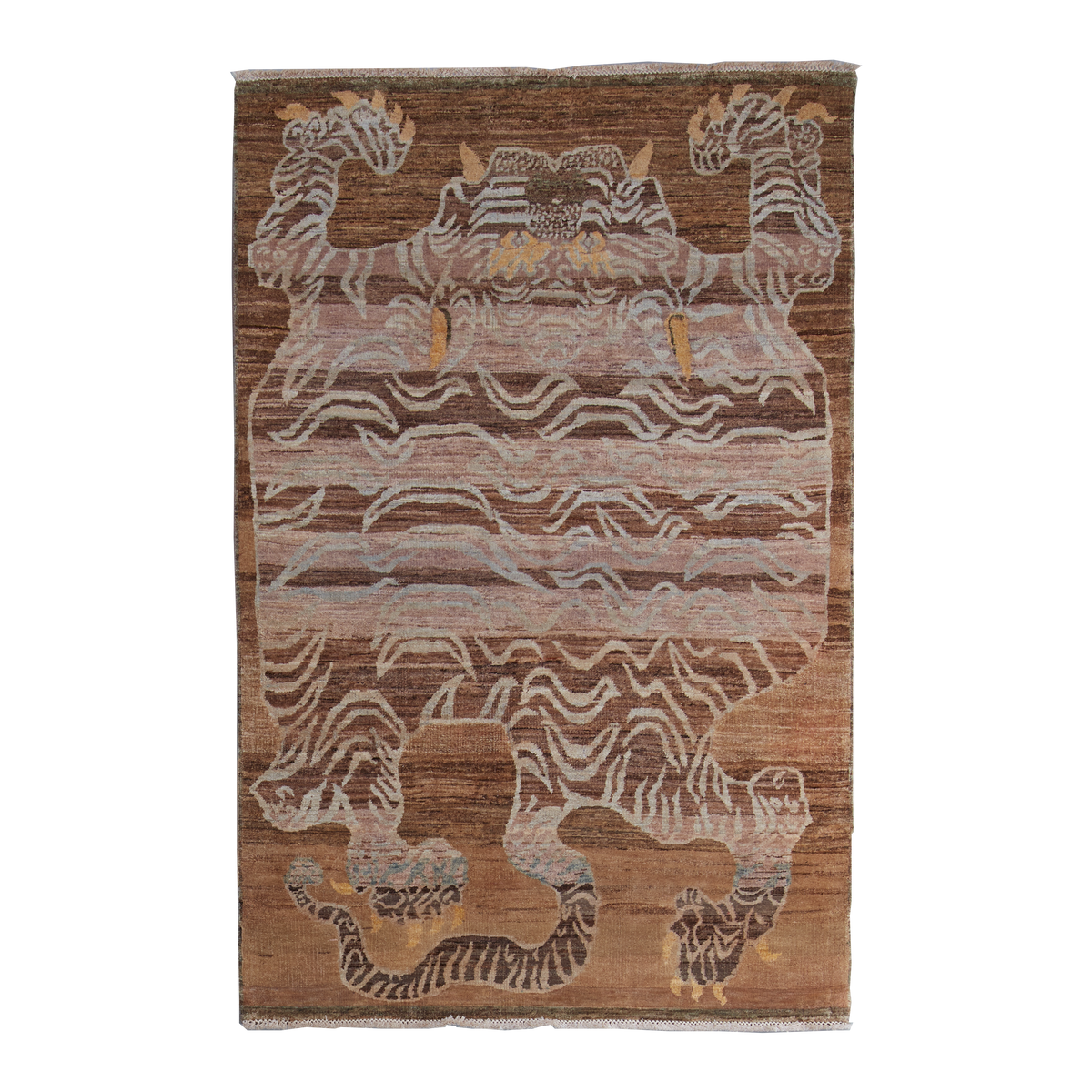 A rectangular area rug with a brown base and a large central stylized figure made of layered wavy bands in beige, gray, and muted blue, with small animal motifs at the top and bottom.