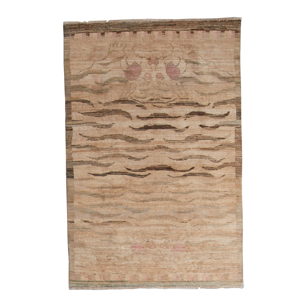 A rectangular area rug with a distressed, hand-woven texture in beige, brown, and muted pink. The design features horizontal wavy lines and stylized motifs near the top, with a patterned border along the edges.