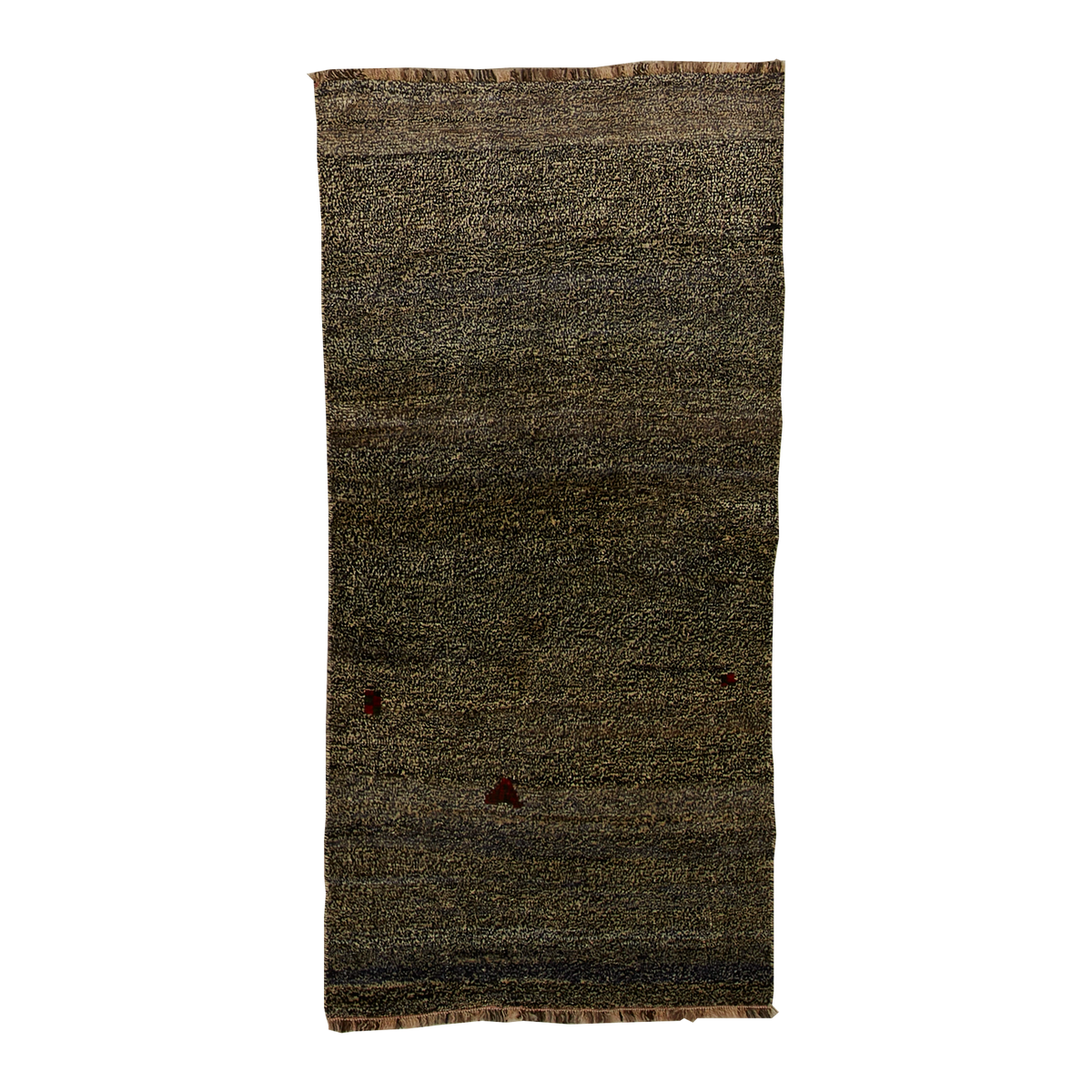 A rectangular hand-woven wool rug with a textured, heathered pattern in shades of brown, beige, and black, featuring a few small dark red accents near the bottom half.
