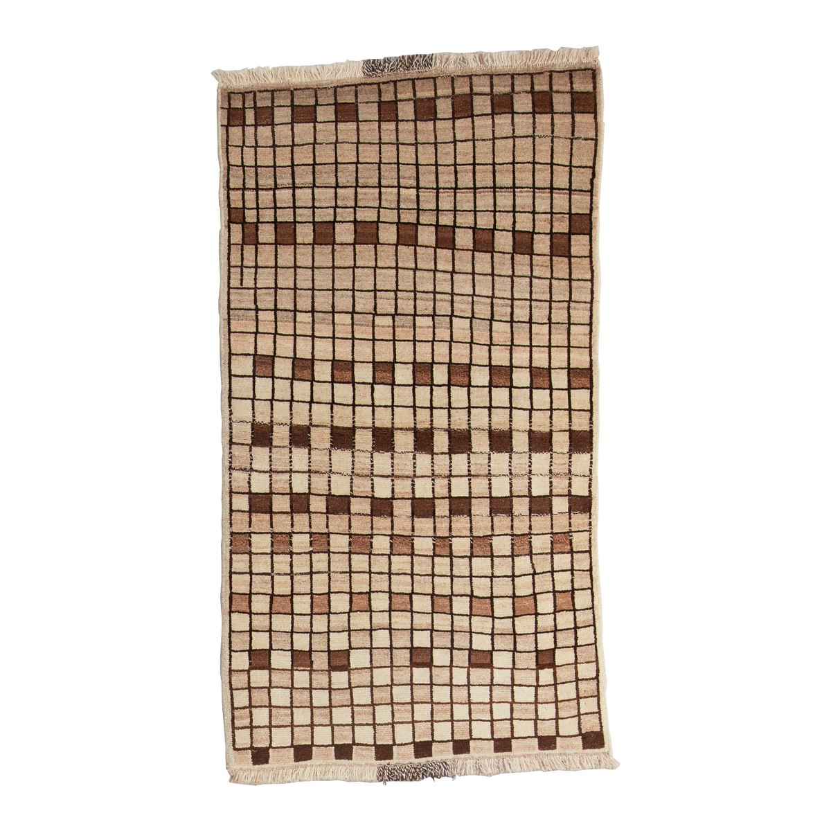 A rectangular woven rug with a geometric checkered pattern in beige, brown, and cream, featuring fringed edges on a plain white background.