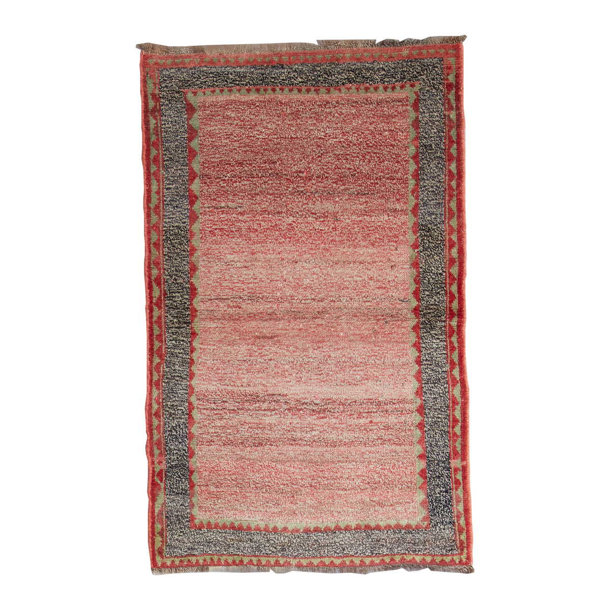 A rectangular hand-woven area rug with a textured, heathered design. The center is a dusty rose pink, surrounded by a wide dark gray border and a narrow red inner border, shown flat against a white background.
