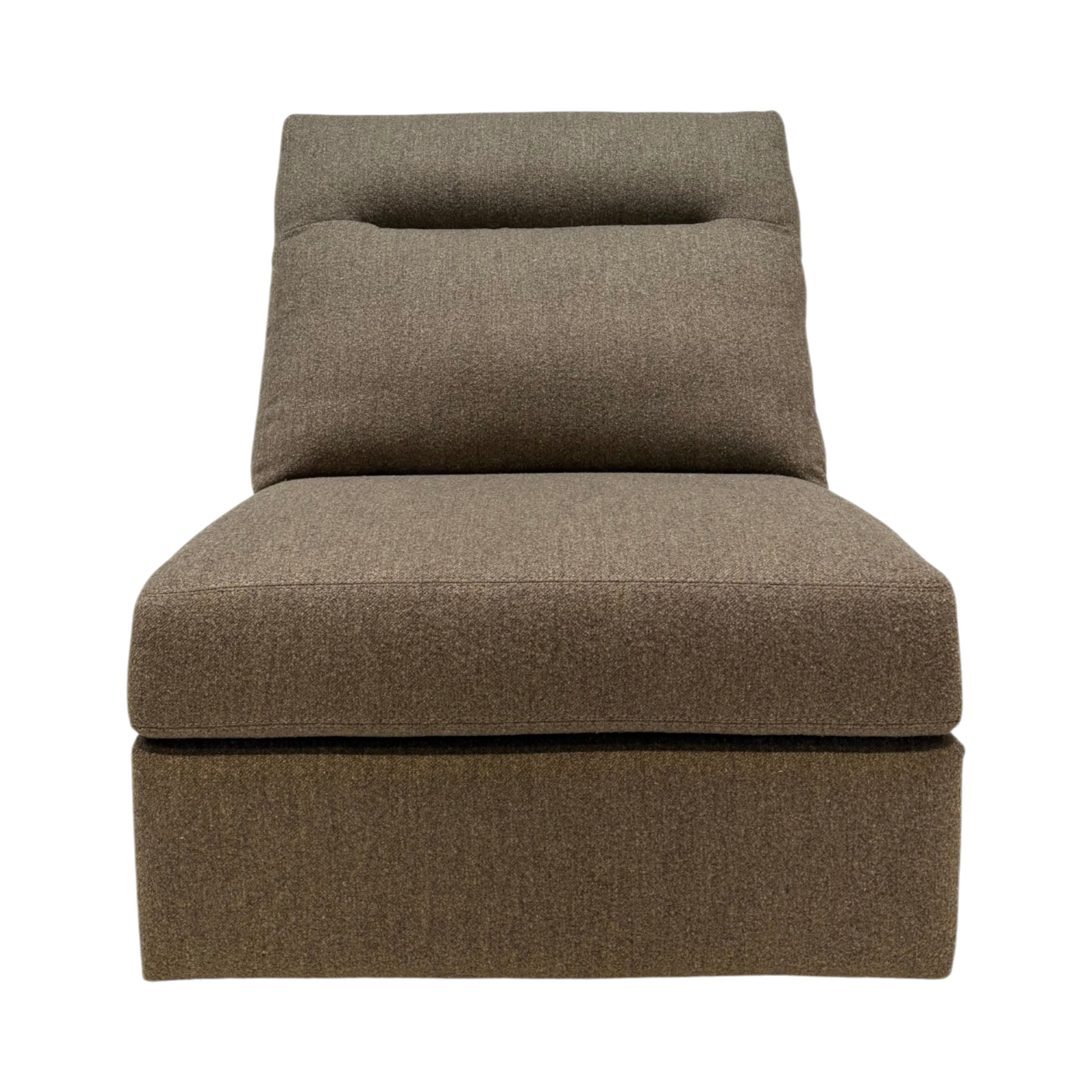 A single upholstered recliner chair with a low backrest, wide seat cushion, and built-in storage base, shown against a plain white background.