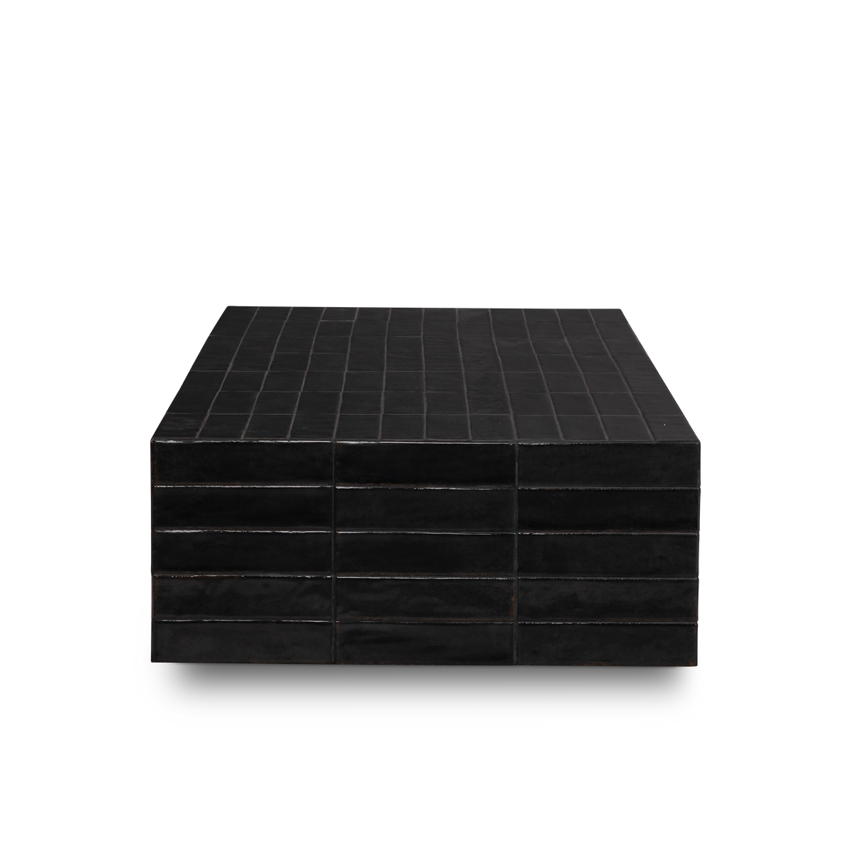 Bloor Coffee Table shown from the end in Black glazed tile, with the gridded tile top, stacked tile courses on the short side, and clean square corners.