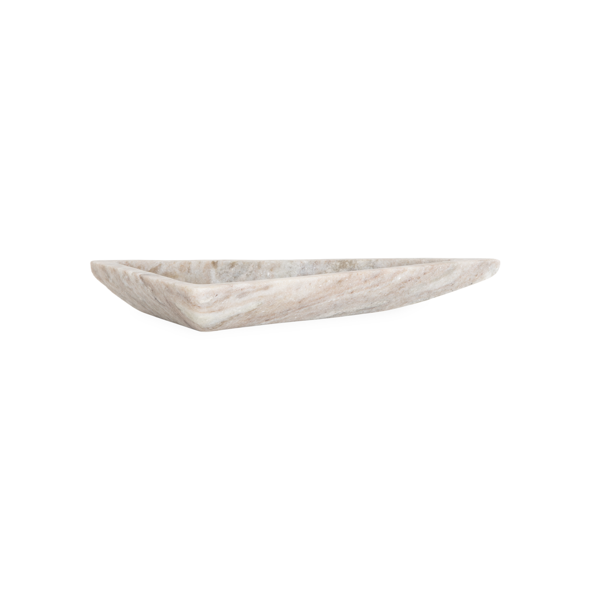 Characterized by its sophisticated curved silhouette and its visual texture, the Marble Triangle Dish features a light brown marble body with white accents.