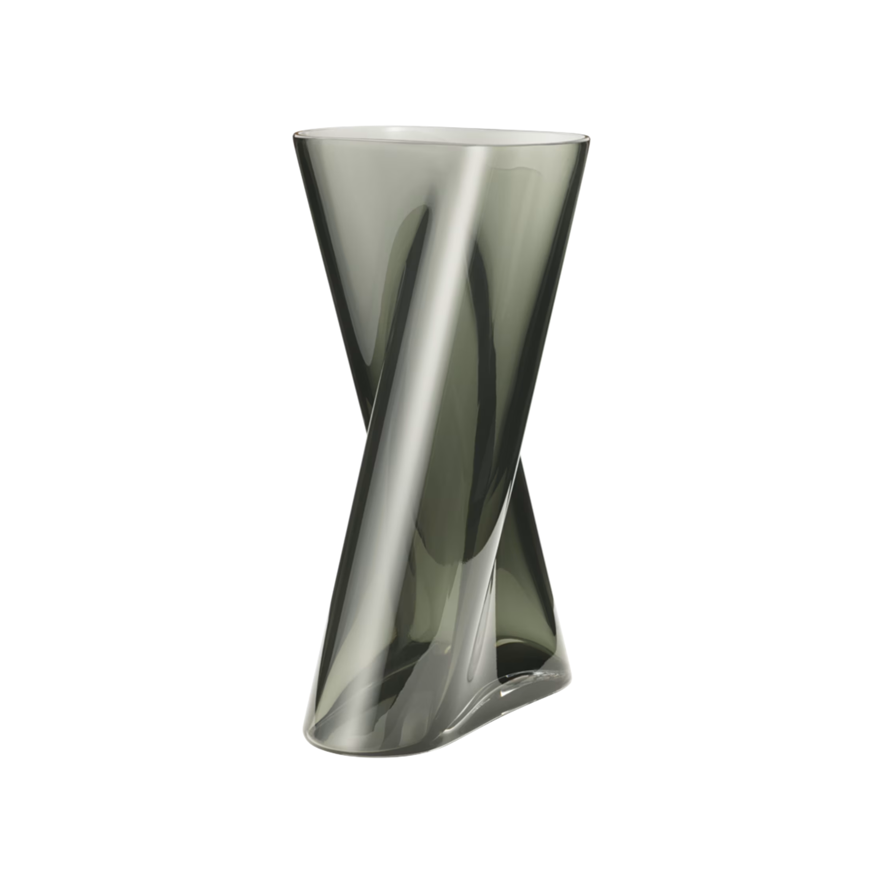 Large Lituus Vase in smoked glass with a sculptural hourglass silhouette, twisted tapering sides and a softly asymmetrical mouth-blown form.