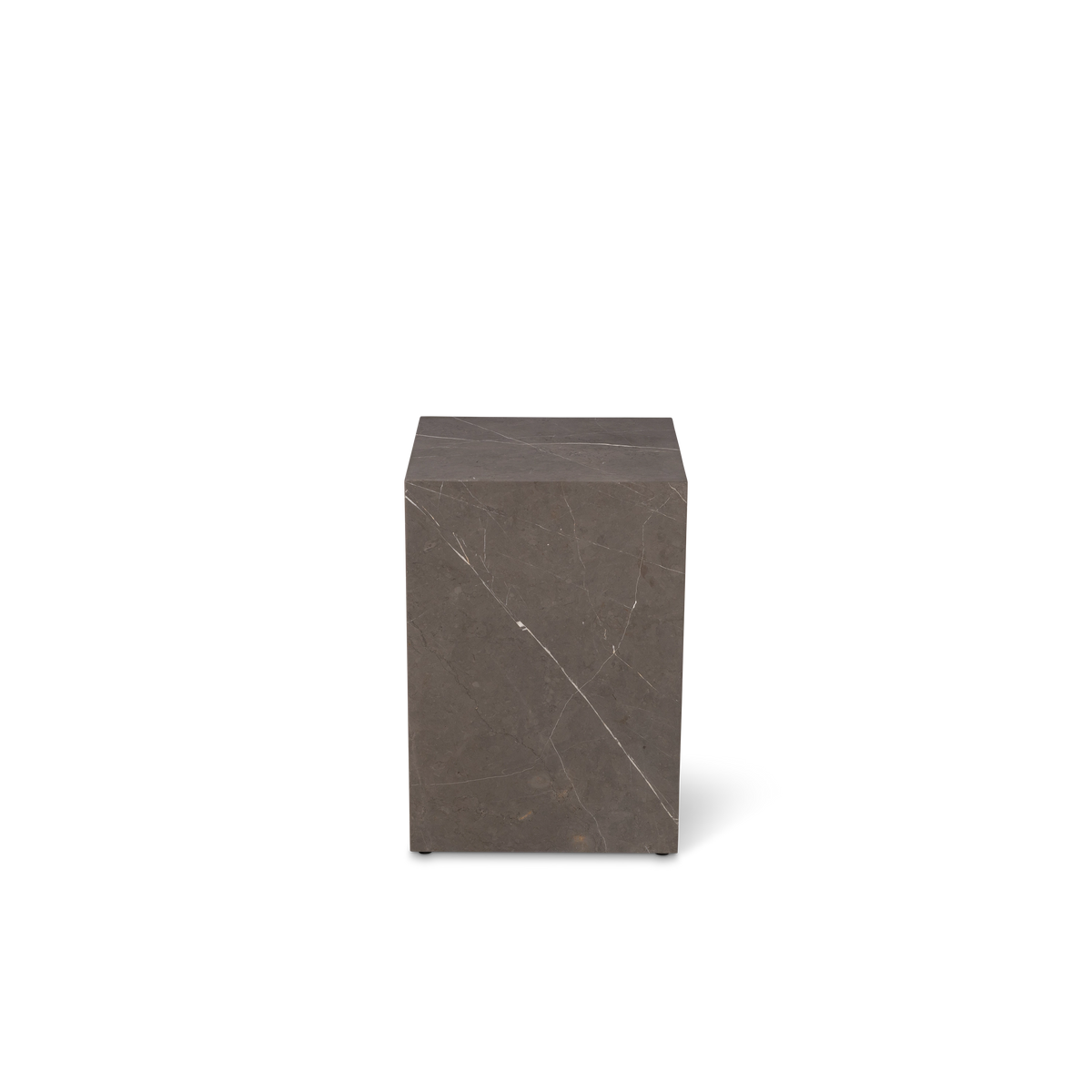 Duvall Side Table shown from the front in warm gray Petra Grey marble, a simple upright block with a single white vein crossing its face.