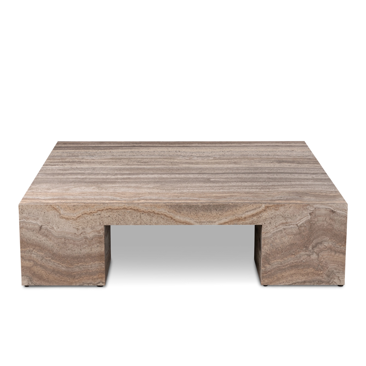 Duvall Coffee Table shown from the front in Taupe travertine, with the two block legs framing the open center and horizontal veining running across the top.