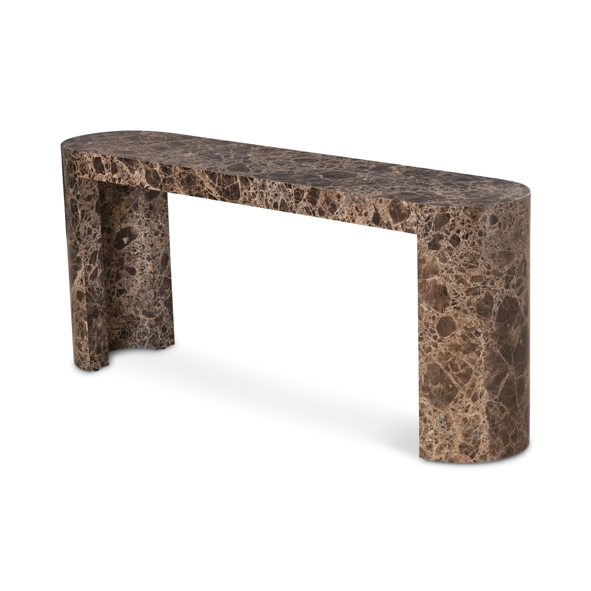 Shift Console Table angled view in chocolate brown Dark Emperador marble, highlighting the rounded ends and the concave channel cut into each leg.