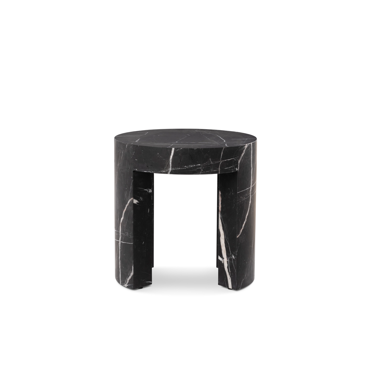 Shift Side Table shown from the front in Black Nero Marquina marble, with the arched legs framing the open center and bold cream-white veins on each leg.