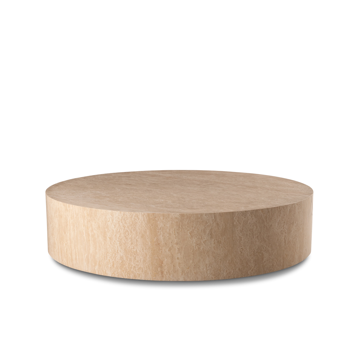 Meta Round Coffee Table in Warm Beige travertine from a slightly lower angle, showing the full drum profile and the soft cream mottling along the side.