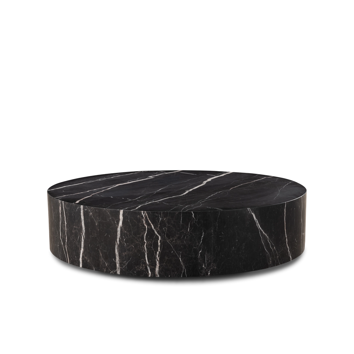 Meta Round Coffee Table shown from a slightly elevated angle in Black Nero Marquina marble, highlighting the honed top and the bold white veins running down the curved side.