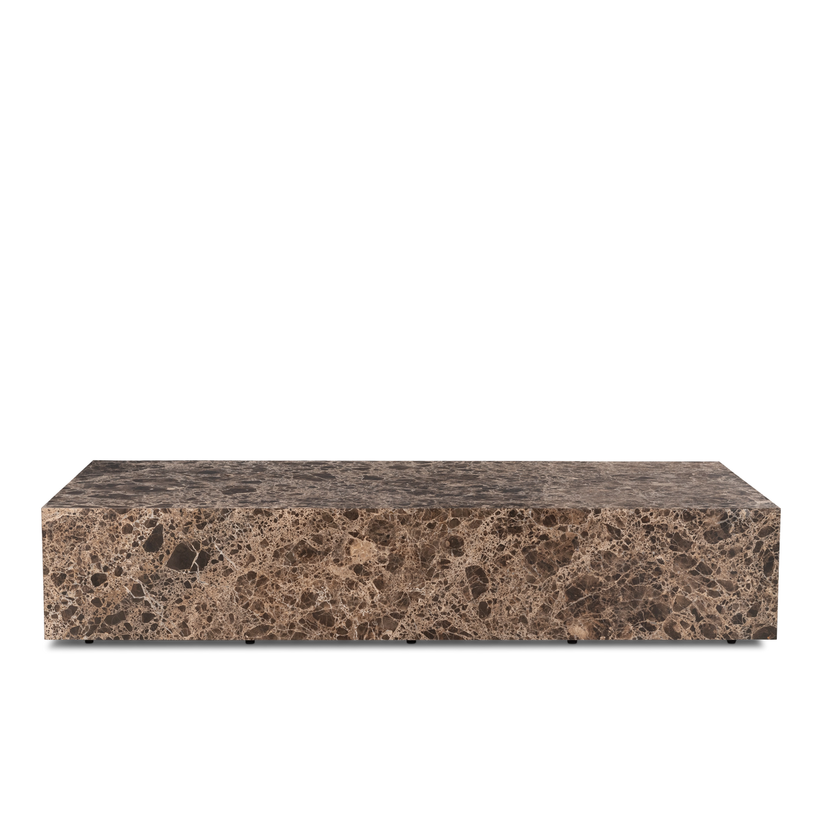 Meta Rectangular Coffee Table shown from the front in Chocolate Brown Dark Emperador marble, with the full-length slab profile and evenly spaced dark feet visible.