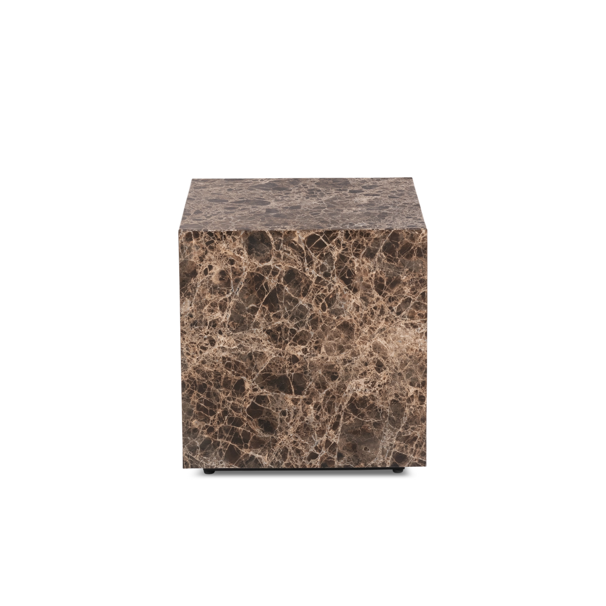 Meta Square Side Table shown from the front in Chocolate Brown Dark Emperador marble, with the dense tan veining across the face and a darker, moodier top.