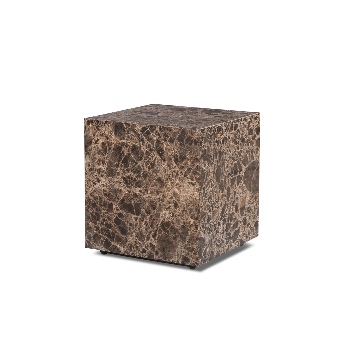 Meta Square Side Table shown in an angled view in Chocolate Brown Dark Emperador marble, highlighting the honed top, the veined front face, and the small dark feet beneath.
