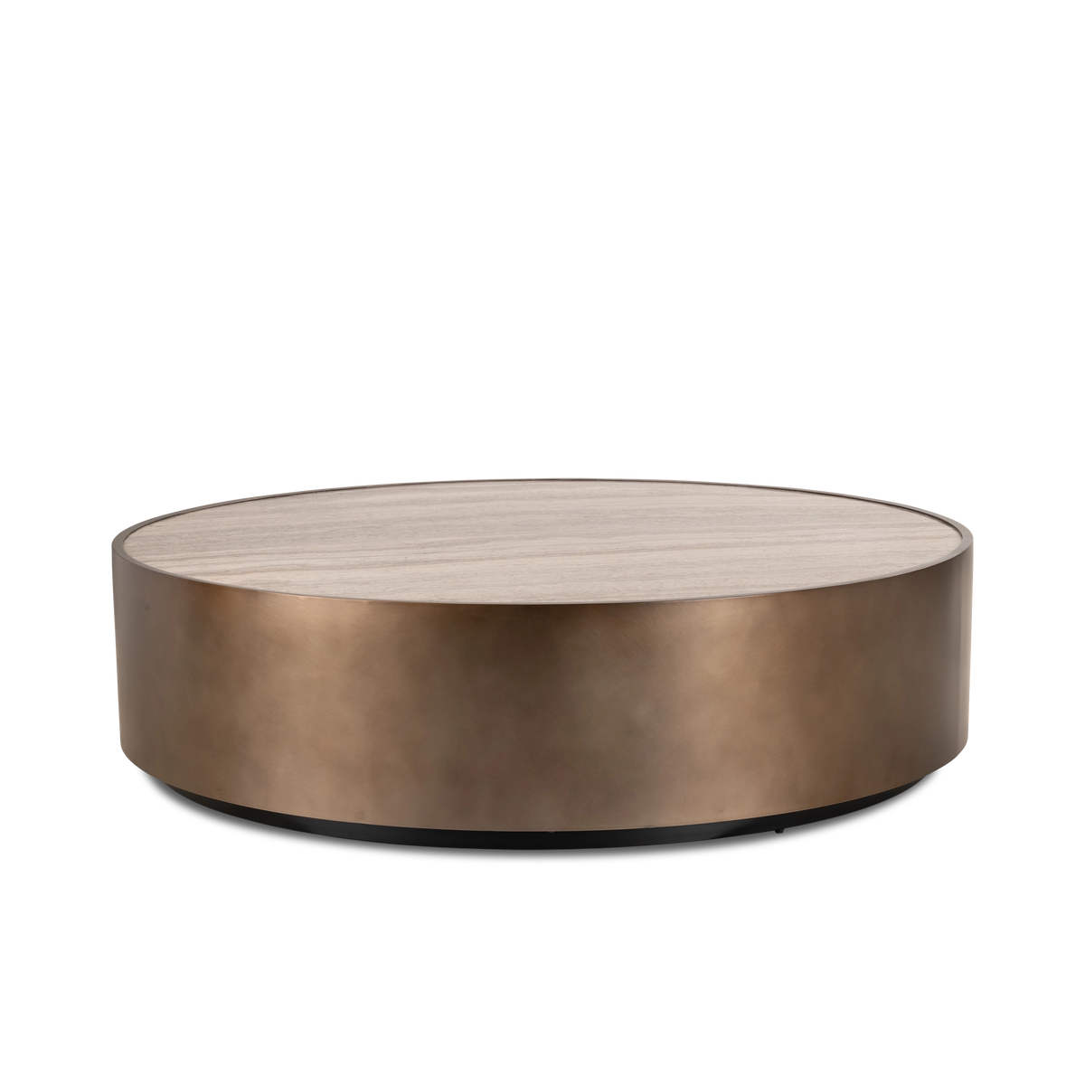 Pedra Round Coffee Table shown from the front in Aged Bronze metal and cream travertine, highlighting the horizontal veining and the slim metal rim around the top.