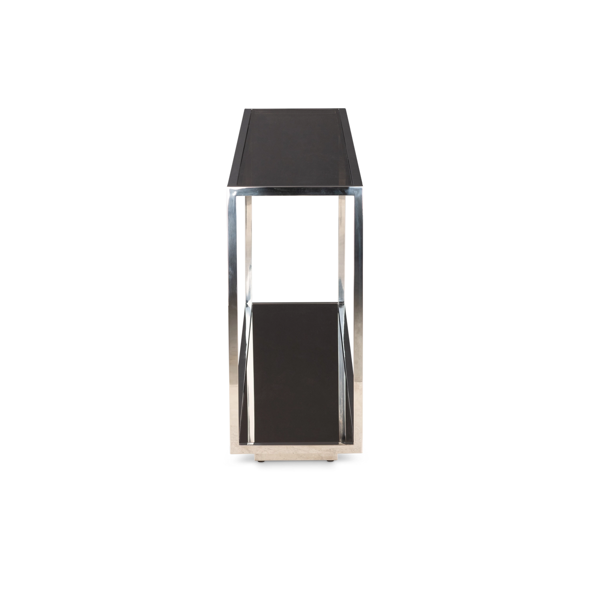 Side view of the Sandro Console Table in Polished Steel, showing the narrow depth, the smoked glass top, the open frame, and the mirrored lower shelf above the plinth base.