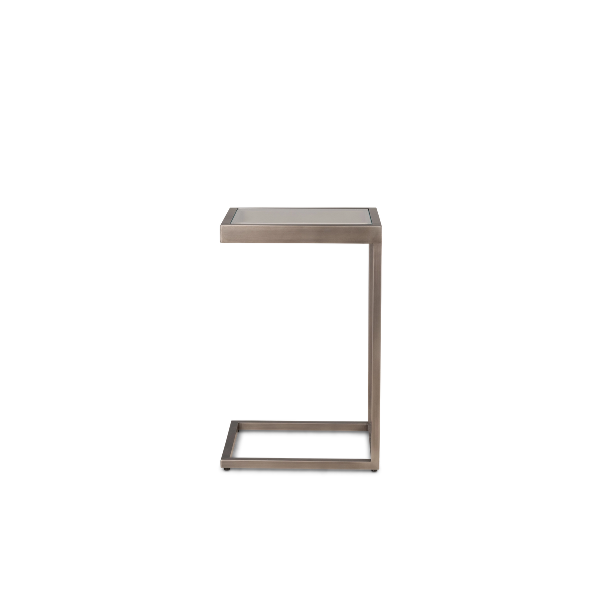 Tenor Pull Up Table in an angled view in Aged Pewter brushed metal and clear glass, highlighting the glass top and open C-shaped base.
