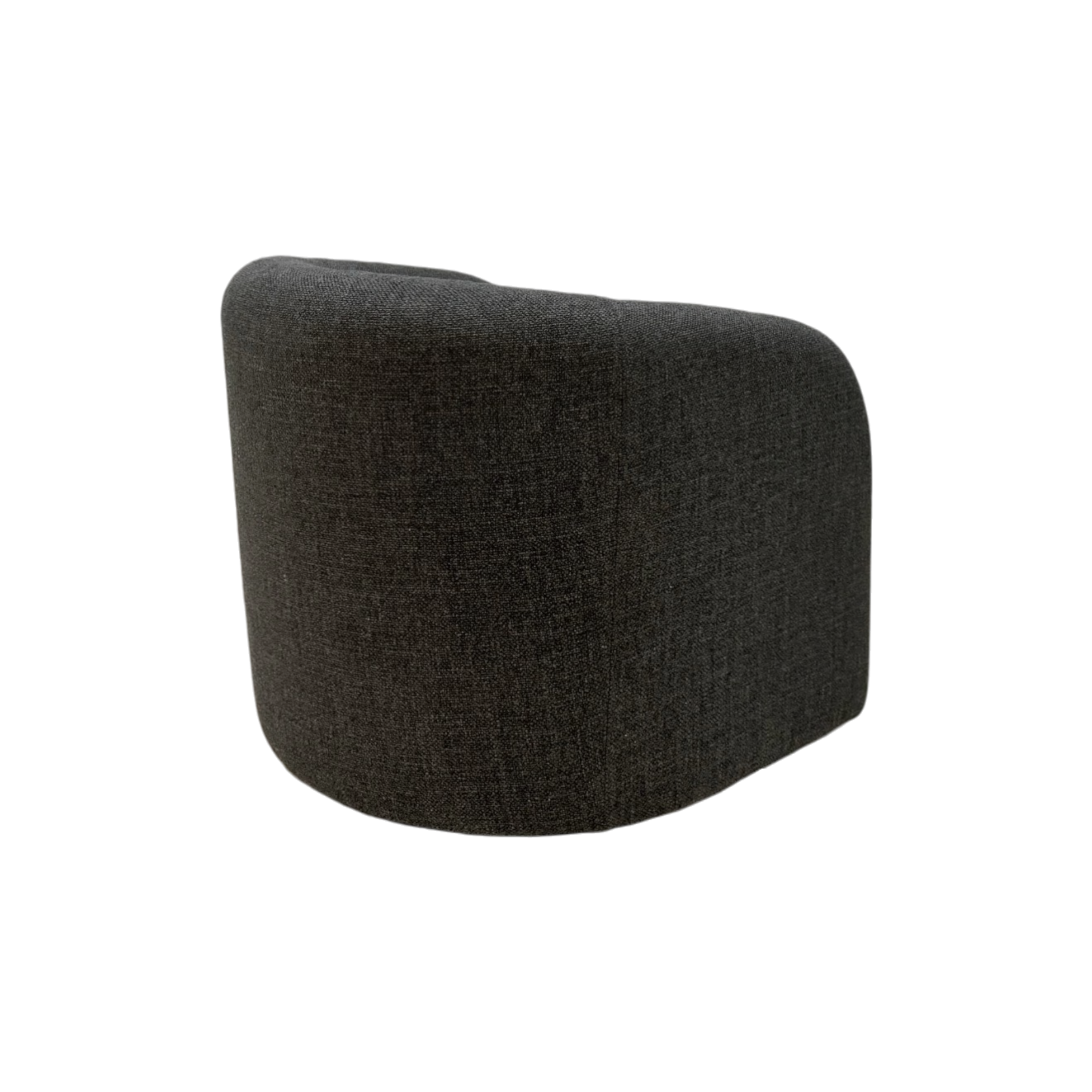 Sigma Lounge Chair in Ebony Oak shown from the rear, highlighting its rounded barrel back and fully upholstered silhouette.