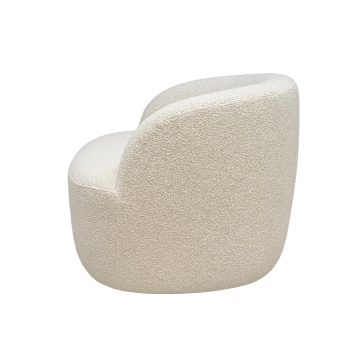Side view of Arcus Swivel Chair showing the sculpted curved back, rounded base and textured Grey Oak upholstery.