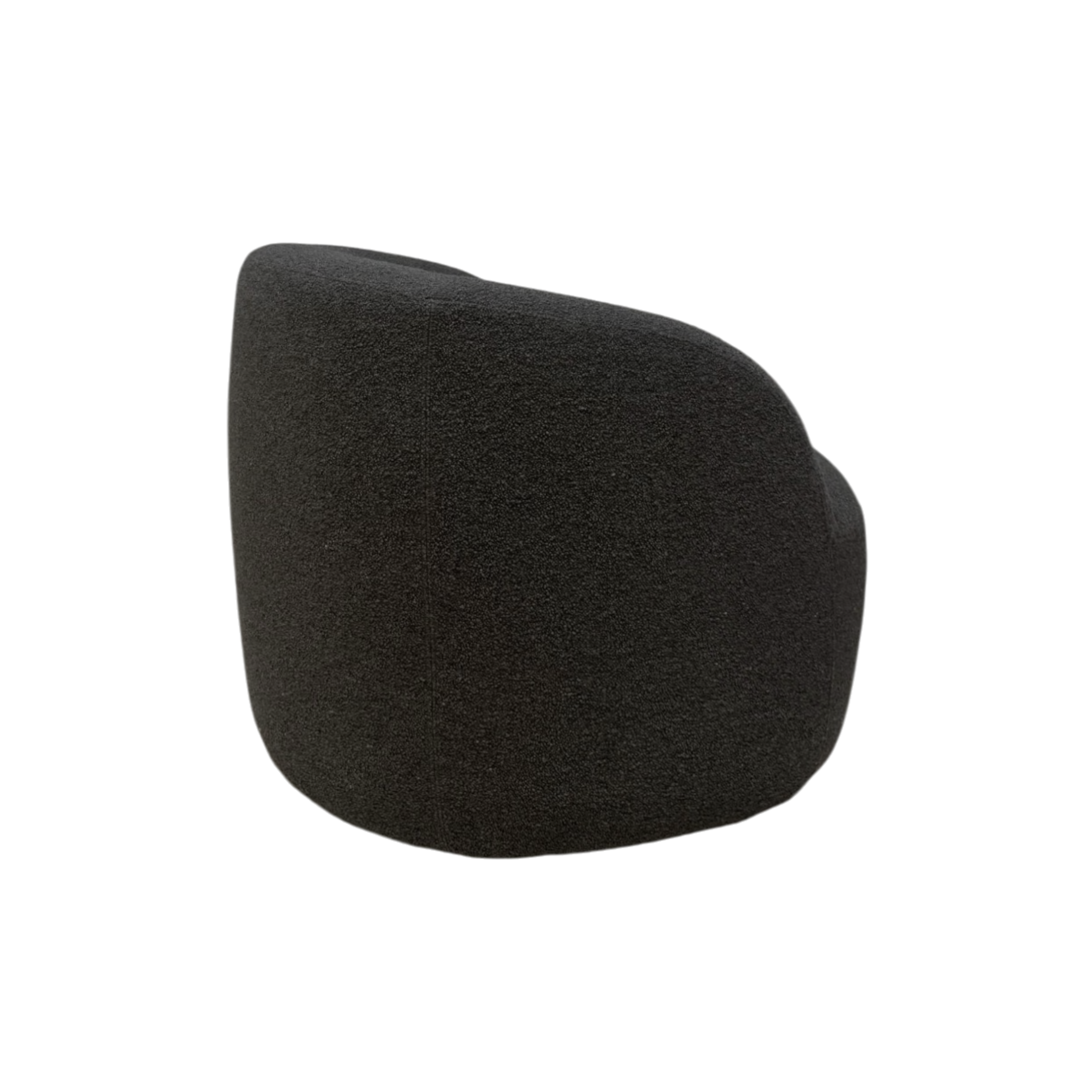 Arcus Swivel Chair shown from the back, highlighting its rounded curved silhouette and deep charcoal textured upholstery.