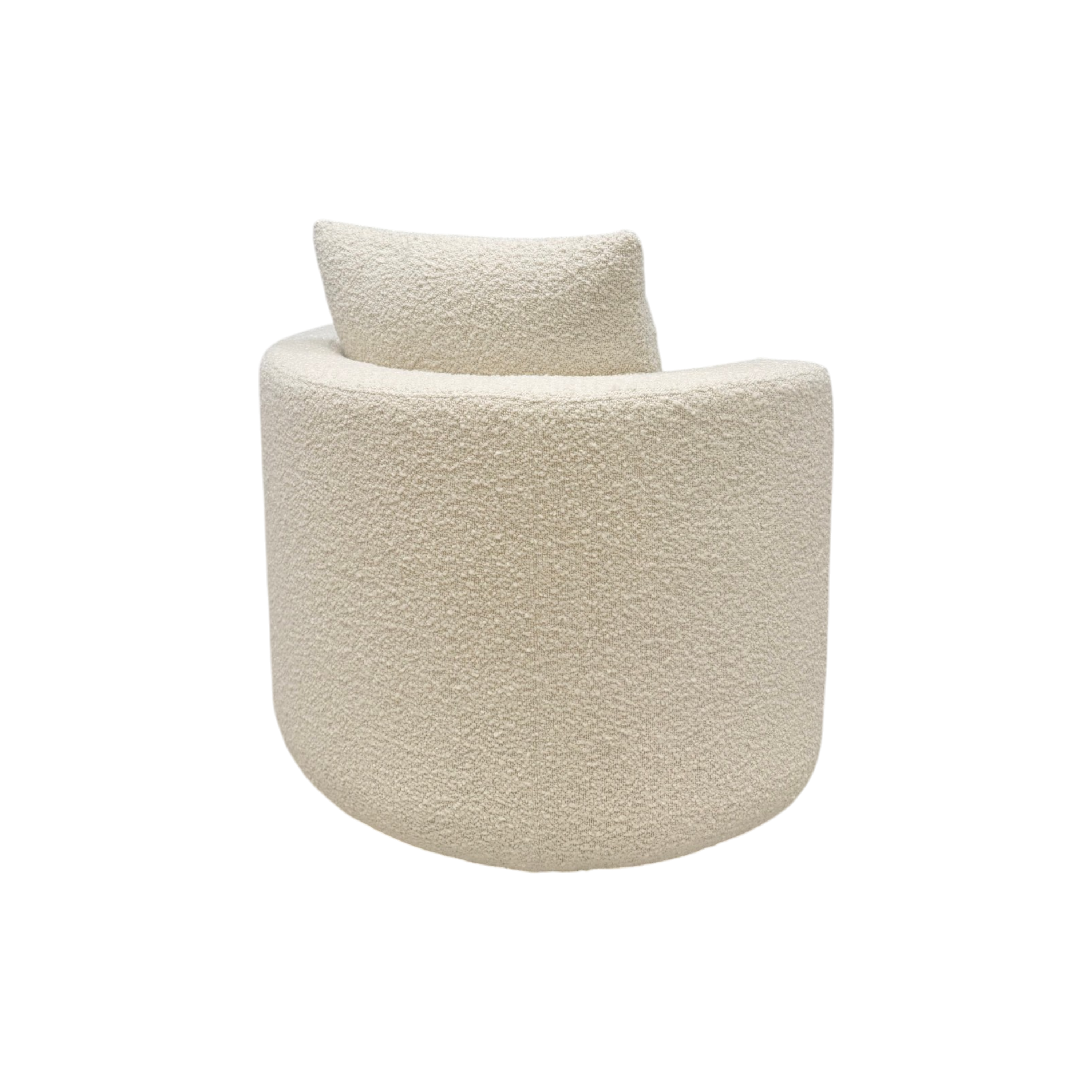 Solenne Swivel Chair in Nat Oak textured ivory upholstery, rear view showing the rounded drum-shaped silhouette and curved back cushion.