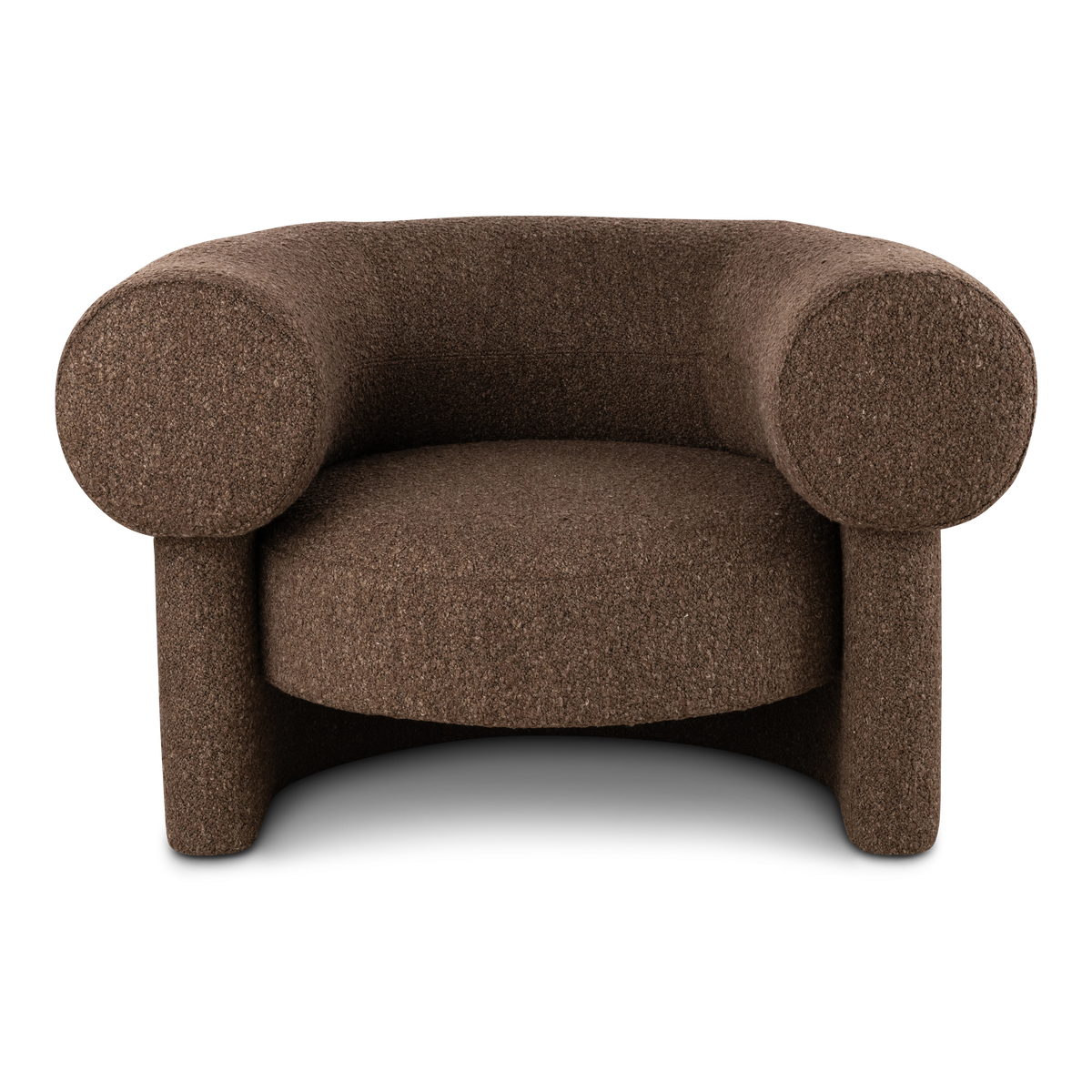 Embrace Lounge Chair shown straight from the front in Espresso bouclé, with two round-ended arms framing a deep round seat above an arched base opening.