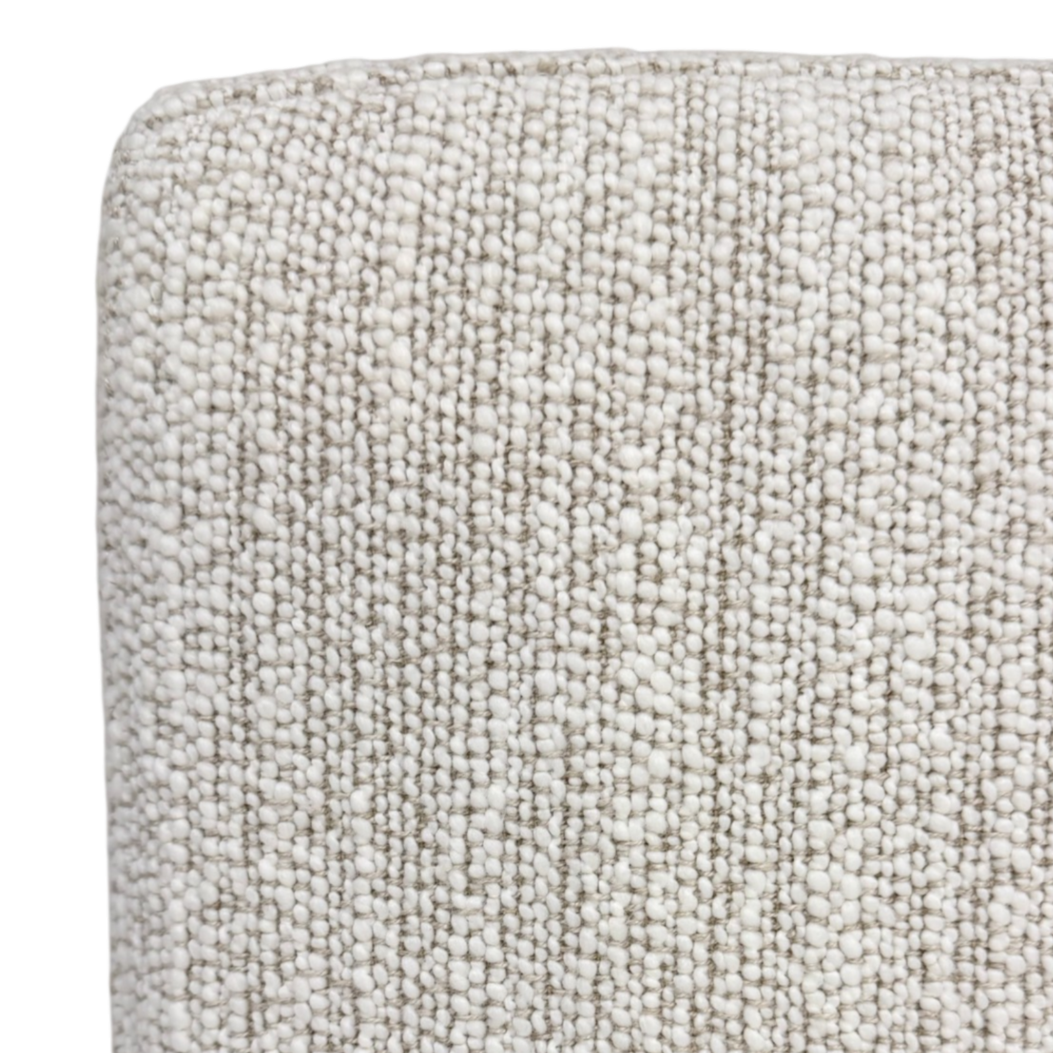 Vital Footboard King Bed upholstery close-up showing the softly textured ivory weave and rounded upholstered edge.