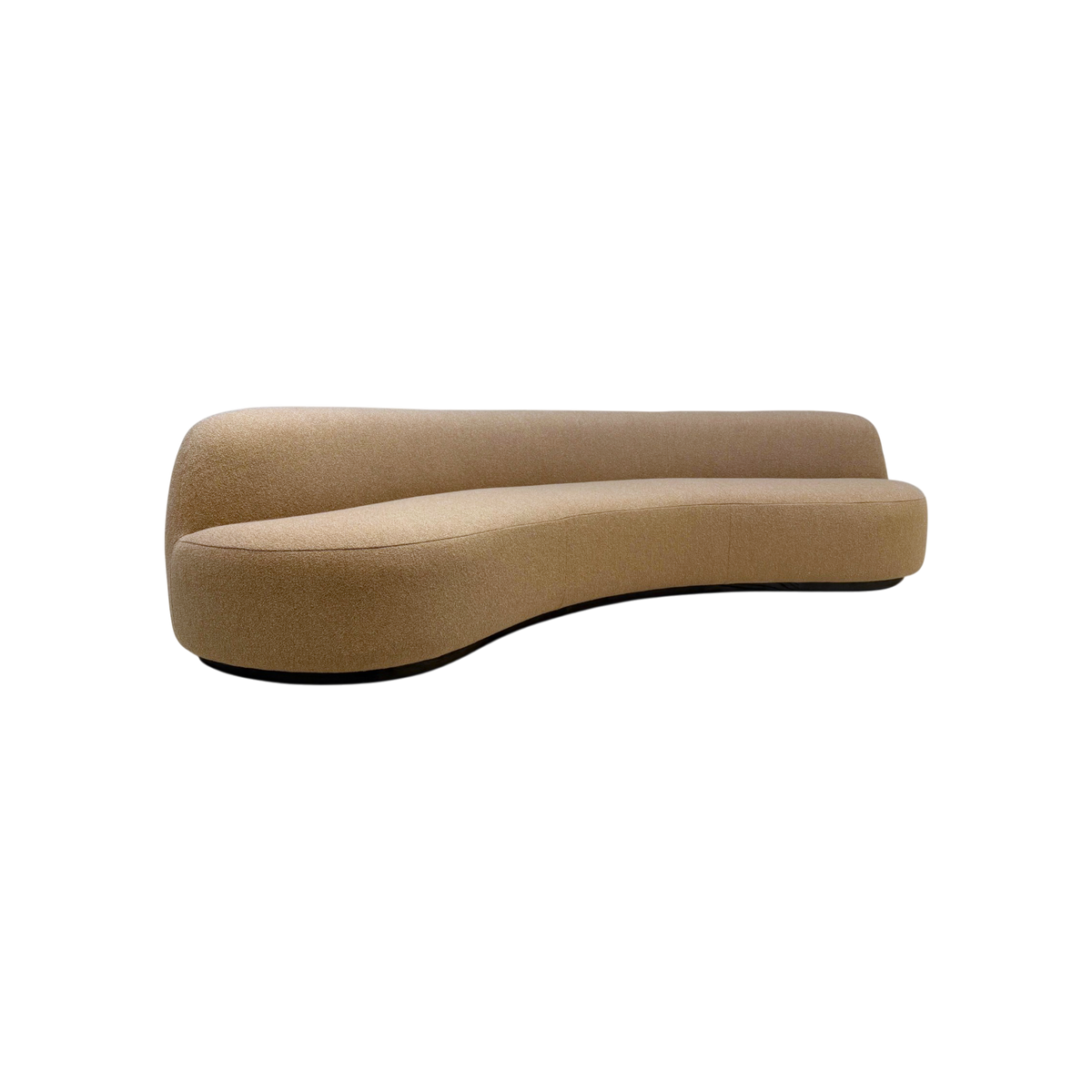 Rhine 120" Sofa in camel textured upholstery, angled view highlighting the boomerang-shaped profile, sculpted continuous seat, and solid oak plinth base.
