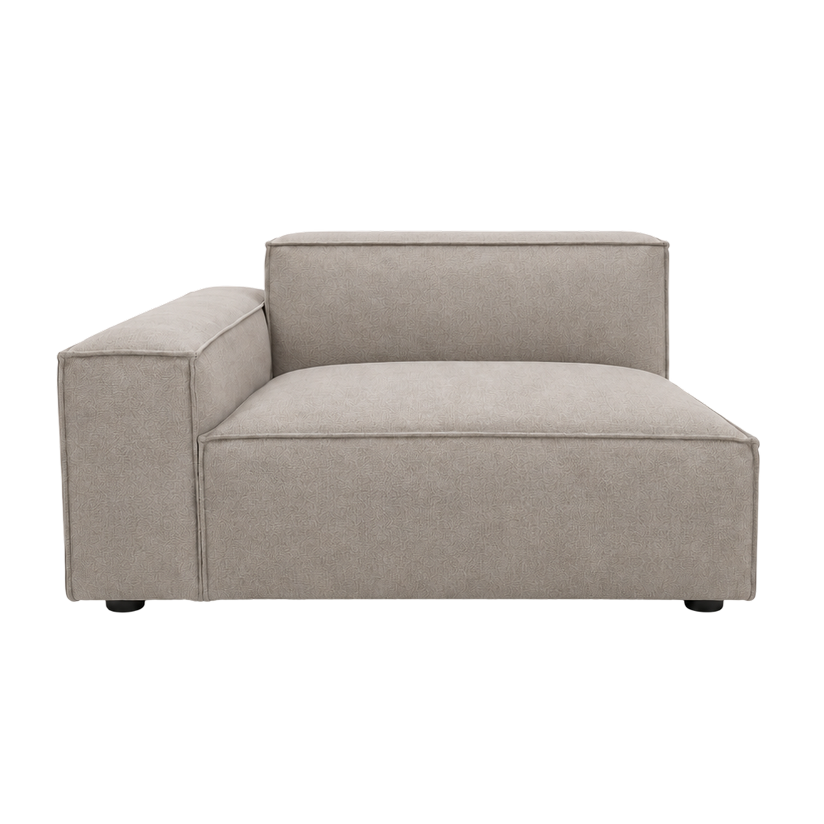 Vetro Modular LAF Chair in heathered taupe woven fabric, front view with a wide track arm on the left, a plush seat cushion and a boxy cushioned back edged in piping.