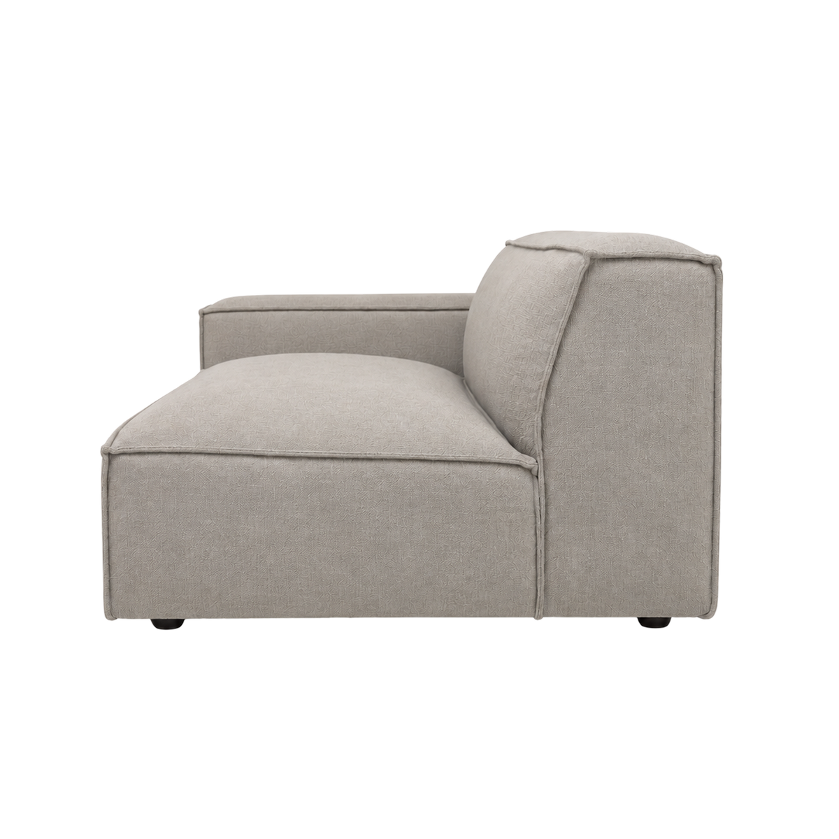 Vetro Modular LAF Chair in heathered taupe woven fabric, profile view revealing the plush seat, piped seams and low far-side arm above dark rounded feet.