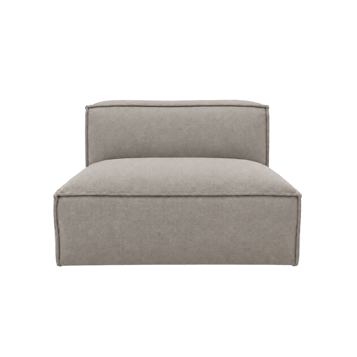 Vetro Modular Armless Chair shown from the front in heathered taupe woven fabric, with an open armless profile, a deep seat cushion and a straight-edged back finished in piping.