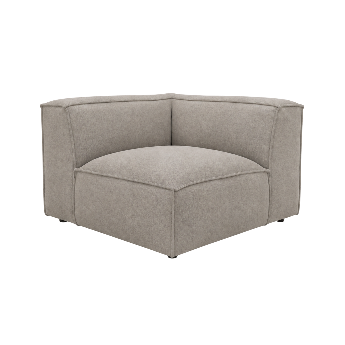 Vetro Modular Corner Chair angled view highlighting the wraparound cushioned back in heathered taupe woven fabric, with a deep square seat cushion, piped edges and small dark feet.