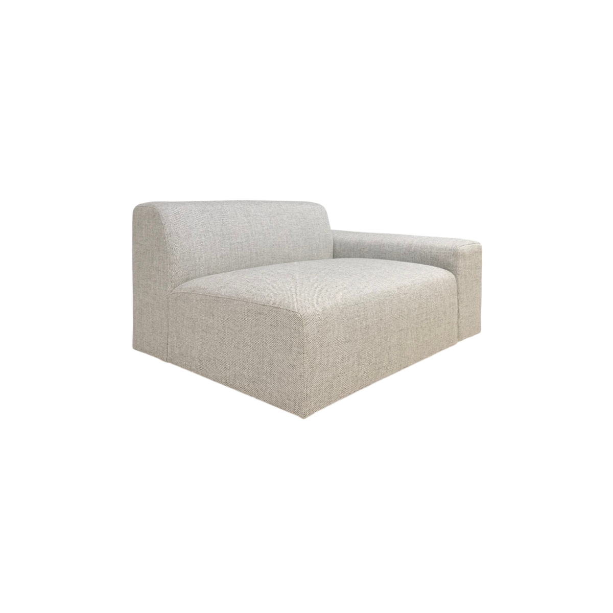 Vetro Bullnose RAF Chair in light woven grey upholstery, angled view showing the open sectional side, low back, right arm, and softly rounded seat profile.