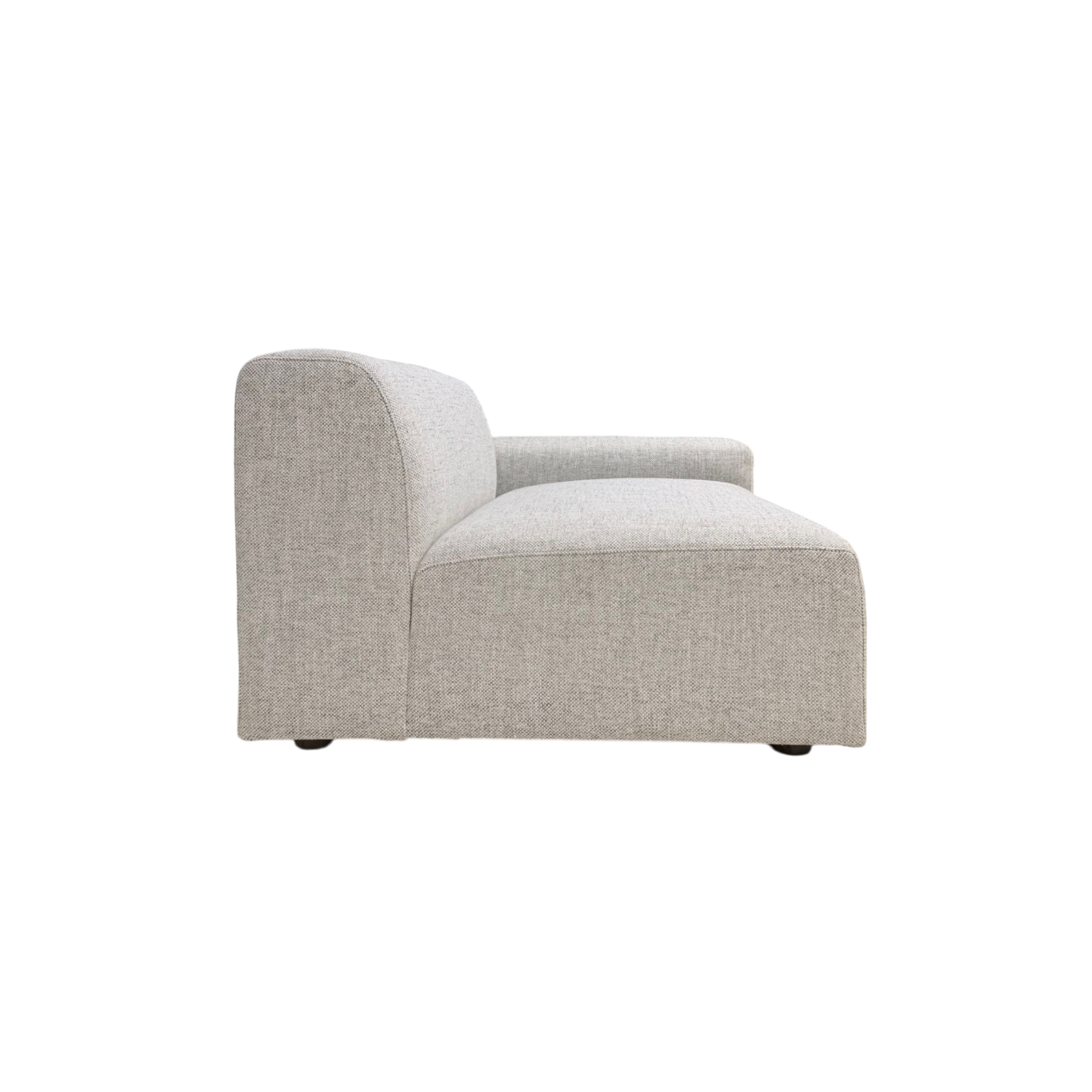 Vetro Bullnose RAF Chair in light woven grey upholstery, side view showing the low profile, wide seat, rounded back, and single right arm.